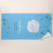 Serviette De Plage Rose blanche Feuilles verts rayé moderne (Devant)