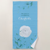 Serviette De Plage Rose blanche Feuilles verts rayé moderne (Devant)