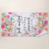 Serviette De Plage Rose Blush Floral Personnalisé Juste Marié (Devant)