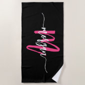 Serviette De Plage Rose Chaud Noir Écriture Moderne Féminine Monogram (Devant)