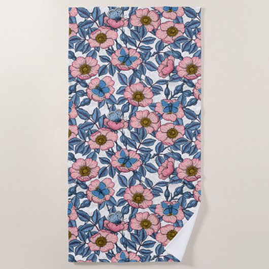 Serviette De Plage Rose de chien et papillons (Devant)
