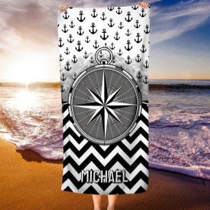 Serviette De Plage Rose des vents nautique Ancres Noir Blanc Chevron