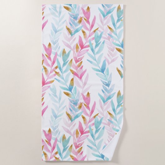 Serviette De Plage Rose et Bleu mignon avec Aquarelle Or Floral (Devant)