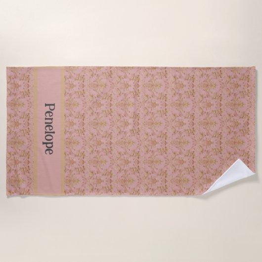 Serviette de plage rose et or Damask (Devant)