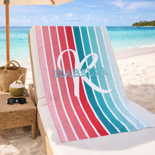 Serviette De Plage Rose et rayures sarcelle tendance Monogramme nom p