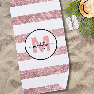 Serviette De Plage Rose Gold Fard à Joues Rayure Rose Monogramme Nom