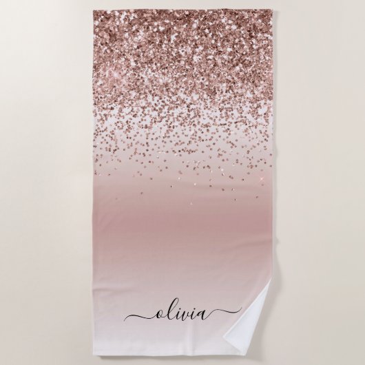 Serviette De Plage Rose Gold - Rose Pâle Pailleté Monogramme Nom (Devant)