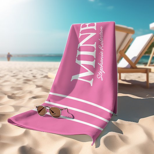 Serviette De Plage Rose 'MINE' personnalisé pour Lui et Elle