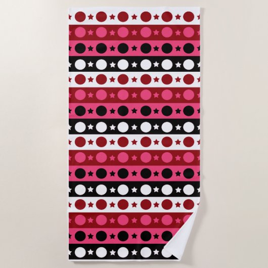 Serviette De Plage Rose noir blanc Cercle Étoiles rayures Design (Devant)