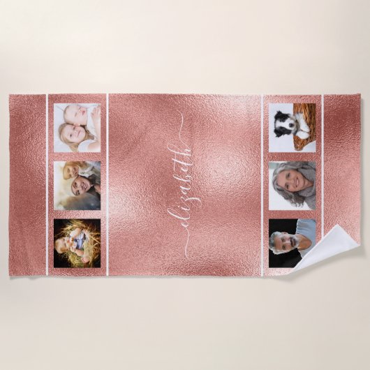 Serviette De Plage Rose or nom script photo collage (Devant)
