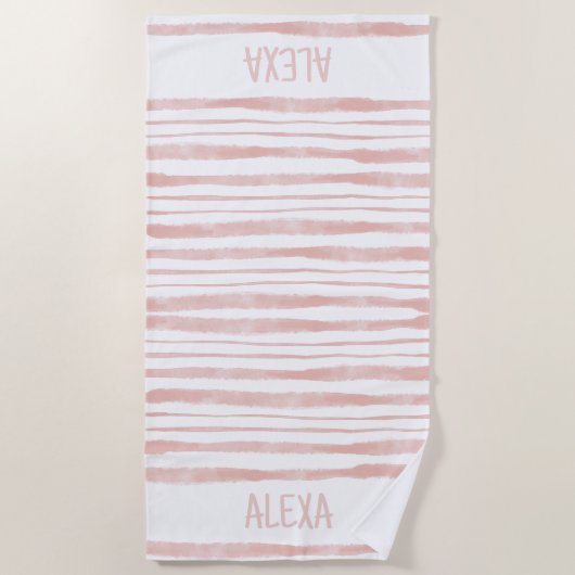 Serviette de plage rose rayée personnalisée (Devant)