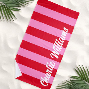 Serviette De Plage Rose rouge gras rayures horizontales nom rétro per
