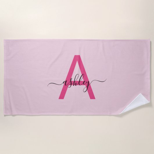 Serviette De Plage Rose vif Moderne Écriture Féminine Monogramme Nom (Devant)