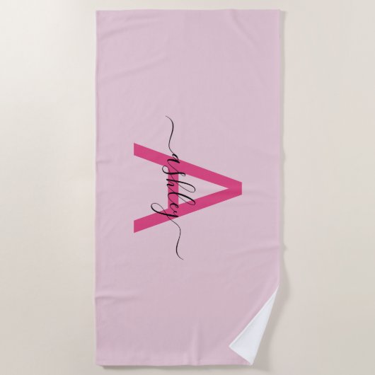 Serviette De Plage Rose vif Moderne Écriture Féminine Monogramme Nom (Devant)