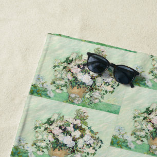 Serviette De Plage Roses blanches de Van Gogh - Art floral mint vinta