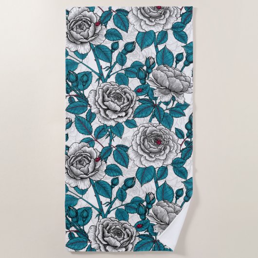 Serviette De Plage Roses blanches et coccinelles (Devant)