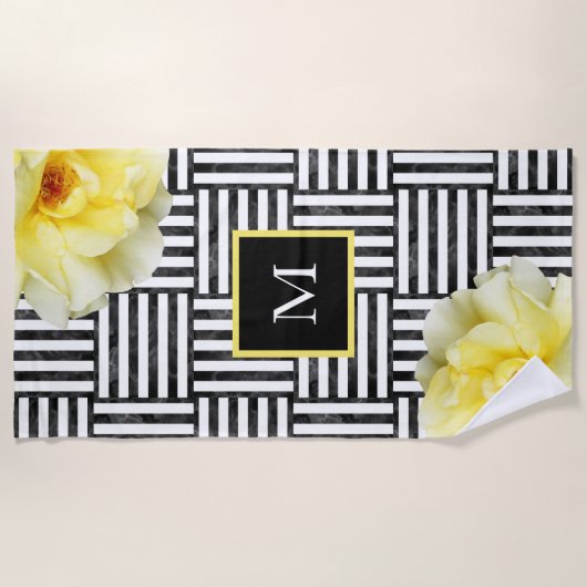 Serviette De Plage Roses Jaunes Douces Baies Noires et Blances (Devant)