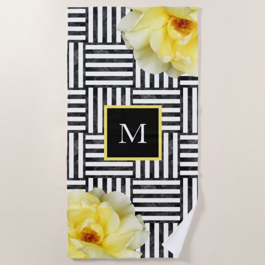 Serviette De Plage Roses Jaunes Douces Baies Noires et Blances (Devant)