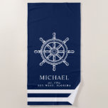Serviette De Plage Roue de navire à thème nautique<br><div class="desc">Une serviette de plage entièrement personnalisable et amusante avec un thème nautique unique. Il dispose d'une roue de navire centrée au milieu et d'une marine profonde mais dynamique et de couleurs blanches. Tous les éléments sont déverrouillés et réglables,  alors amusez-vous à créer et à en faire votre propre.</div>