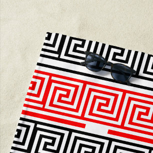 Serviette De Plage Rouge Blanc noir Clé grecque Fret Motif Design