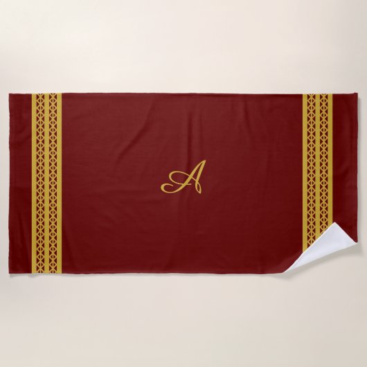 Serviette De Plage Rouge Bourgogne avec Monogramme Or & Motif Diamant (Devant)