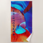 Serviette De Plage Rouge et bleu Abstrait avec nom bleu (Devant)
