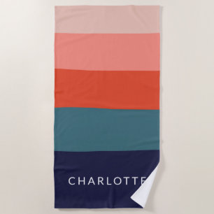 Serviette De Plage Rouge et Navy Rayures Abstraites Larges Personnali