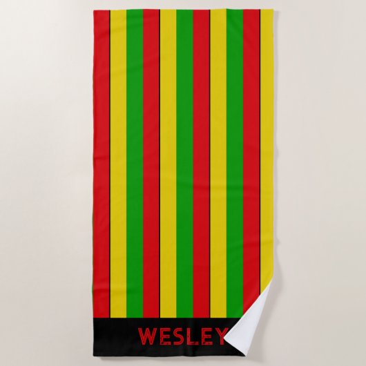 Serviette De Plage Rouge Jaune et Vert Rayé Rasta (Devant)