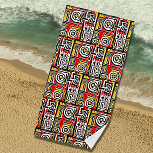 Serviette De Plage Rouge Jaune Noir Abstrait Africain Tribal Géométri