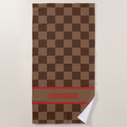 Serviette De Plage Rouge Luxe à Damier Marron (Devant)