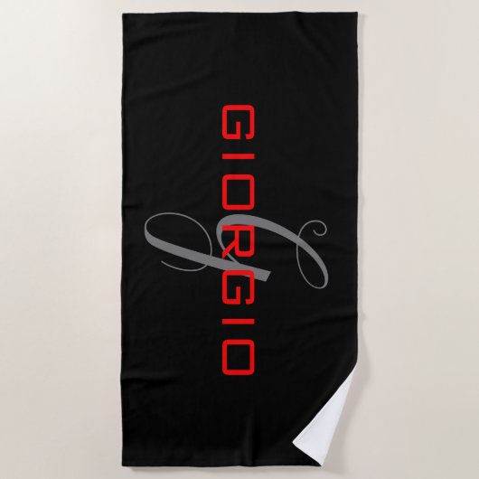 Serviette De Plage Rouge noir Votre nom Monogramme initial Moderne (Devant)
