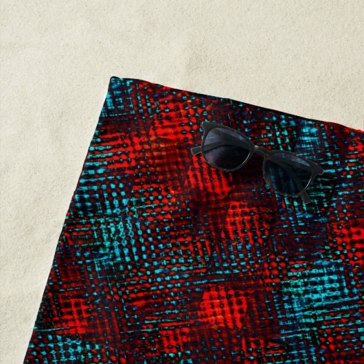 Serviette De Plage rouge rayé et bleu clair avec une doublure de carr (En situation)