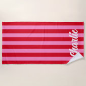 Serviette De Plage Rouge rose gras rayures personnalisées nom rétro (Devant)
