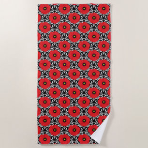 Serviette De Plage Rouge Shabby Chic, Coquelicots Floraux Noir & Blan