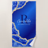 Serviette De Plage Royal Blue et or Elegant Agate Monogrammé (Devant)