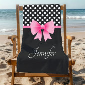 Serviette De Plage Ruban rose Noir & Blanc Pois Nom