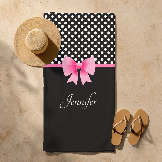 Serviette De Plage Ruban rose Noir & Blanc Pois Nom