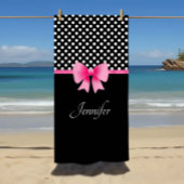 Serviette De Plage Ruban rose Noir & Blanc Pois Nom