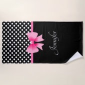 Serviette De Plage Ruban rose Noir & Blanc Pois Nom (Devant)