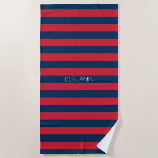 Serviette De Plage Rugby bleu marine et rouge avec nom personnalisé (Devant)