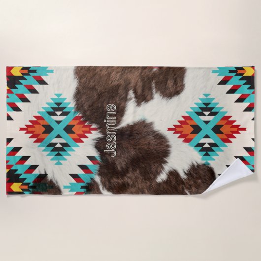 Serviette De Plage Rustique Boho Sud Ouest Turquoise Cowhide (Devant)
