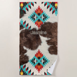 Serviette De Plage Rustique Boho Sud Ouest Turquoise Cowhide