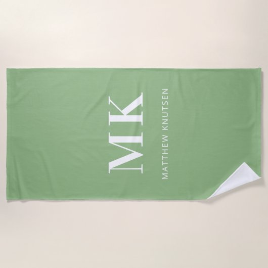 Serviette De Plage Sage vert blanc nom monogramme initiales (Devant)