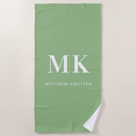 Serviette De Plage Sage vert blanc nom monogramme initiales (Devant)