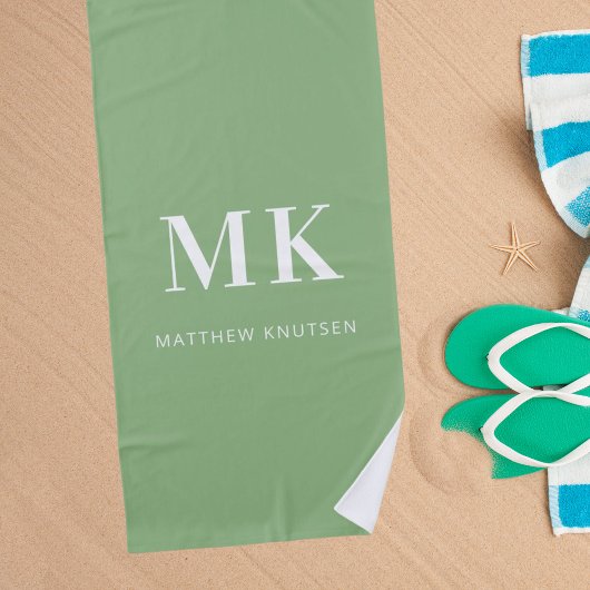 Serviette De Plage Sage vert blanc nom monogramme initiales