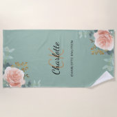 Serviette De Plage Sage vert rose or florales monogramme initiales (Devant)