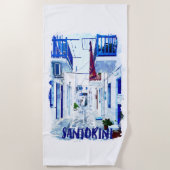 Serviette De Plage Santorin Voyage bleu et blanc (Devant)