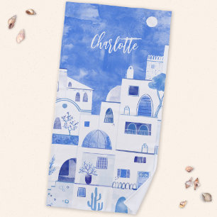 Serviette De Plage Santorini Oia Île Grecque Aquarelle Personnalisée