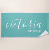 Serviette de plage sarcelle à monogramme et écritu (Devant)