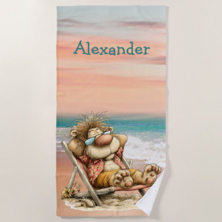 Serviette De Plage Scène de plage au lion fantaisiste personnel